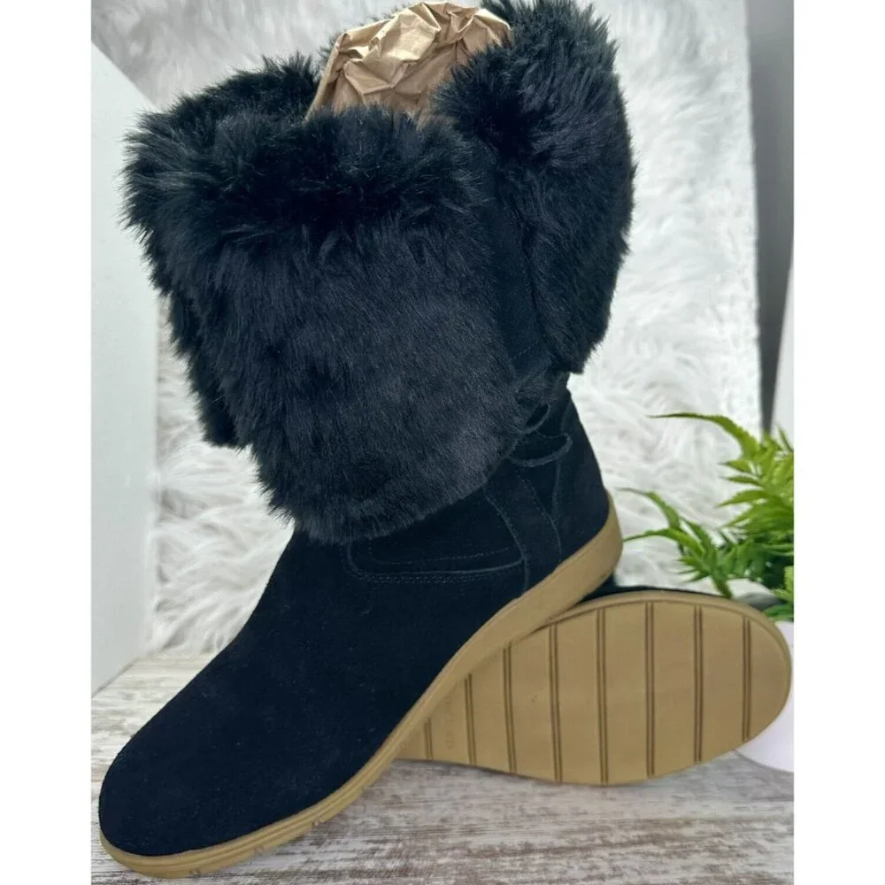 LANDS' END Mendota Snow Boot Women's Size 7.5 Black Suede Faux Fur PullOn 420483